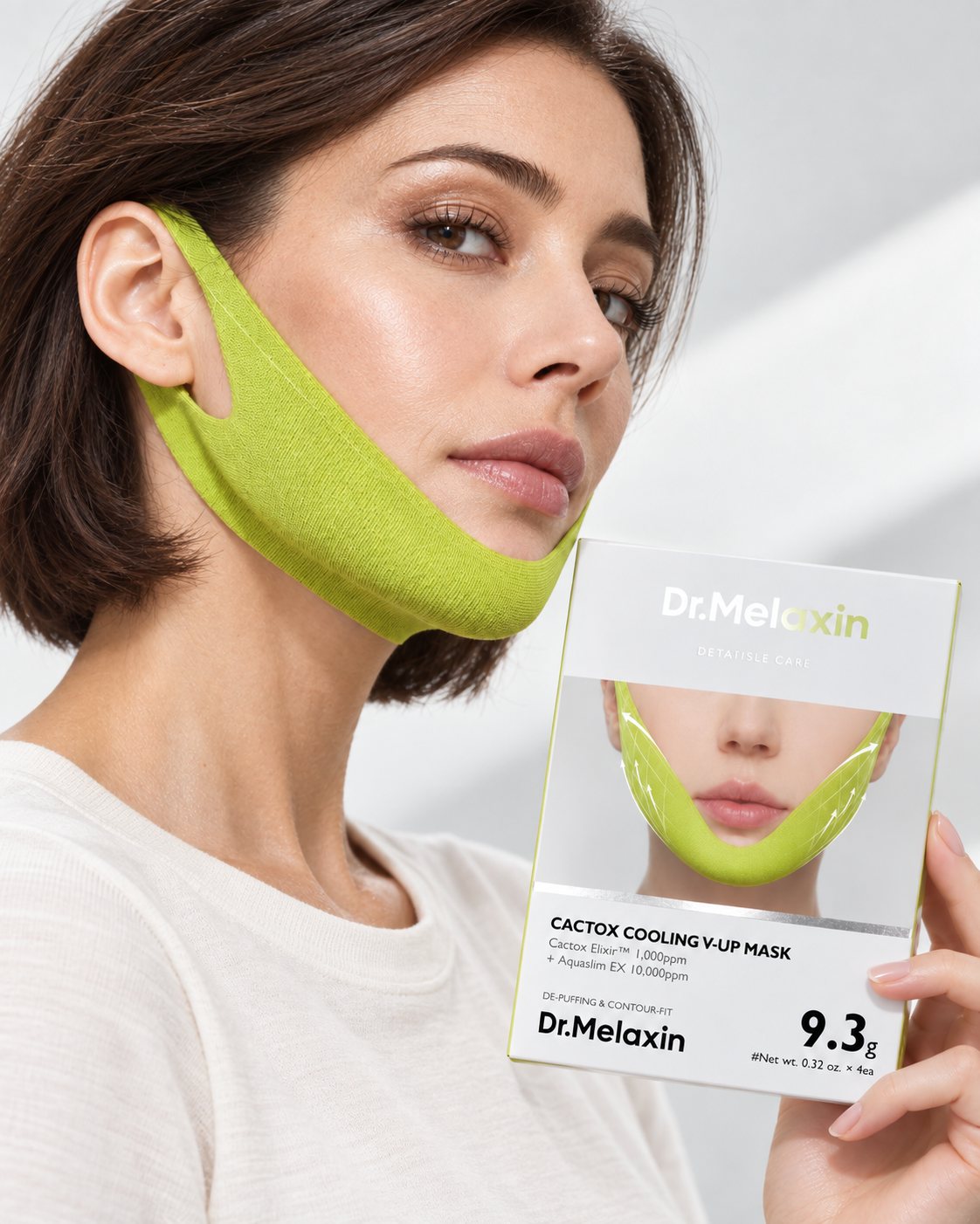 Woman wearing the Dr. Melaxin V-Up mask along the jawline